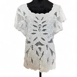 White Embroidered Cutwork Linen Top Scalloped Cottagecore Boho Tunic